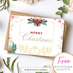 Afdrukbare kerstwenskaart Instant Download Merry Christmas-cadeau Merry X-mas Wish Card Flower Design voor kerstuitnodiging