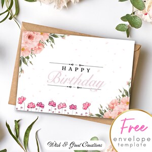 Tarjeta de felicitación de cumpleaños con diseño floral imprimible, tarjeta de felicitación de cumpleaños con diseño simple, descarga instantánea, regalo para ella y regalo para él