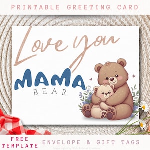 Carte fête des mères imprimable maman ours câlins bébé ours | Cartes de voeux vibrantes à téléchargement numérique | Cadeau imprimable à téléchargement immédiat pour maman