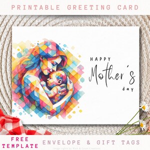 Carte de fête des mères imprimable de style mosaïque abstraite | Cartes de voeux vibrantes à téléchargement numérique | Cadeau imprimable à téléchargement immédiat pour maman