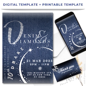 Editable Denim and Diamonds Invitation Birthday Card | Digital Download Canva Template | Printable and Instant Download Blue Jeans Glam Card
