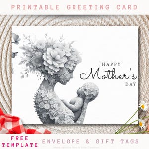 Carte florale monochrome imprimable pour la fête des mères | Carte maman et bébé en téléchargement numérique | Carte de voeux imprimable à téléchargement immédiat