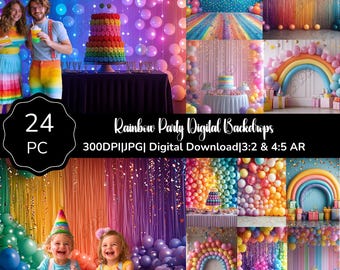 Digitala bakgrunder för regnbågsfest, fotobakgrunder för födelsedagsfest, färgglad ballongvägg, Photoshop-överlägg, kommersiellt bruk, 2 bildförhållanden