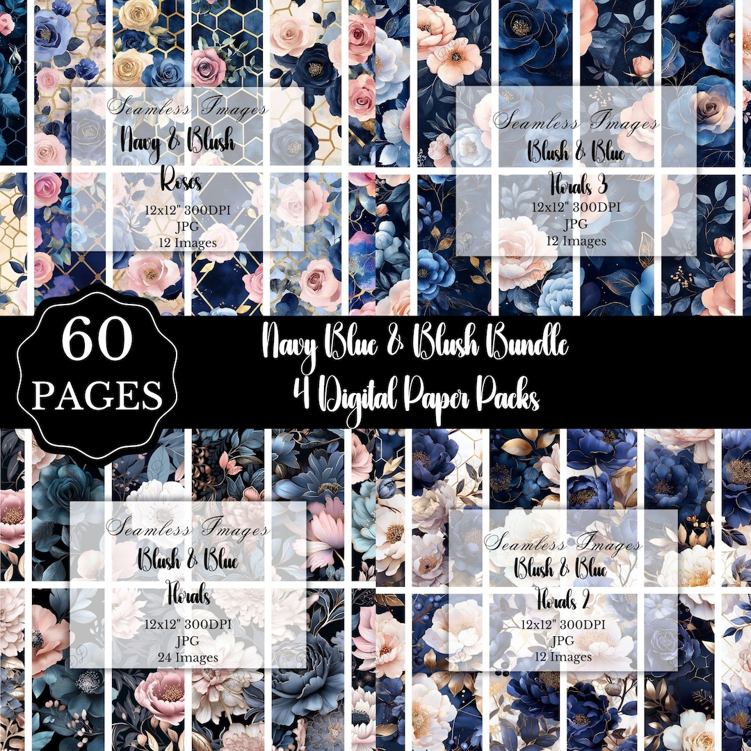 Navy Blue & Blush Floral Digital Paper Bundle, 60 JPG Seamless Patterns ...