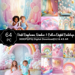 Pastel Rainbow Balloon Digital Photo Backdrops, Dreamy Photography Backgrounds, Photoshop Overlays, 64 JPG, 2 Aspect Ratios, Commercial Use