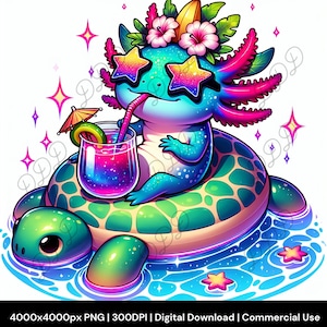 Ajolote tropical kawaii PNG, flotador de tortuga, sublimación de verano PNG, fondo transparente, uso comercial, descarga digital 4000x4000px