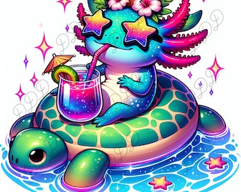 Tropical Kawaii Axolotl PNG, Turtle Floatie, Summer Sublimation PNG, Transparent Background, Commercial Use, Digital Download 4000x4000px