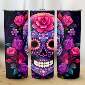 Floral Sugar Skull Tumbler Wrap PNG, 20oz Skinny Tumbler Wrap, Commercial Use, Sublimation PNG, Day of the Dead Floral, Digital Download