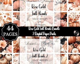 Rose Gold Fall Floral Digital Paper Bundle: 44 Seamless Scrapbook Paper Patterns (Digital Download)