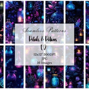 Puede incluir: Patrones sin costuras con ilustraciones de botellas de pociones, tarros y elementos florales en azul, morado y rosa. El texto dice "Seamless Patterns Petals & Potions 02". Se incluyen 16 imágenes.