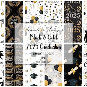 2025 Graduierung schwarz und gold, digitales Papier, Klasse von 2025 Scrapbook-Papier, Collage, Hintergrund, Journal Seiten, kommerzielle Nutzung,