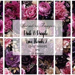 Puede incluir: Papel digital sin costuras con flores rosas y moradas con detalles dorados. La imagen es de 12x12 pulgadas y 300 DPI. Hay 12 imágenes en total.