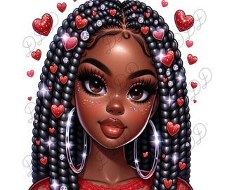 Braided Valentine Beauty PNG, Black Woman Red Glitter Hearts, Black Girl Art, High Resolution PNG, Commercial Use, 300 DPI, Sublimation png