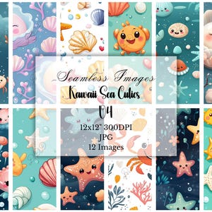 Kawaii Sea Life Digital Paper, 12 Seamless JPGs,  Cute Ocean Animals, Scrapbook, Journal, Collage, Commercial Use, Digital Download