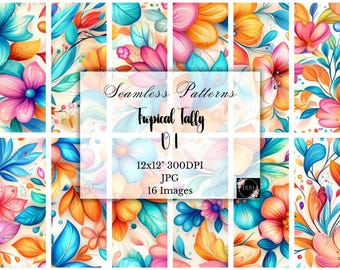 Tropical Floral Digital Paper: Bright Summer Seamless Patterns, Commercial Use, Scrapbooking, Crafting, Digital Download
