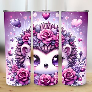 Cute Floral Hedgehog PNG, 20oz Skinny Tumbler Wrap, Sublimação PNG, Download Digital, Uso Comercial, Dia dos Namorados PNG, Corações Roxos
