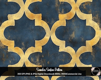 Navy & Gold Geometric Seamless Pattern: Moroccan Quatrefoil Background, Surface Pattern, JPG + PNG, 12x12, Digital Download, Commercial Use
