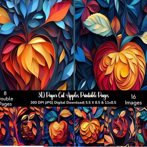 May include: A digital download featuring 3D paper cut apple designs. The artwork showcases vibrant apples in shades of red, orange, and yellow, set against a backdrop of blue and orange leaves. The image includes the text "8 Double Pages" and "16 Images".