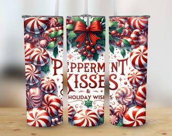 Peppermint Kisses Holiday Tumbler Wrap PNG, 20oz Skinny Tumbler, Digital Download, Christmas Candy Cane, Sublimation PNG, Commercial Use
