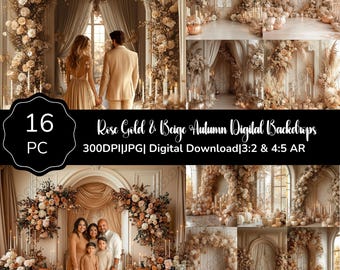 Rose Gold & Beige Autumn Digital Backdrops, 16 JPG Photo Backgrounds, Photoshop Overlay, 2 Aspect Ratios, Digital Download, Commercial Use