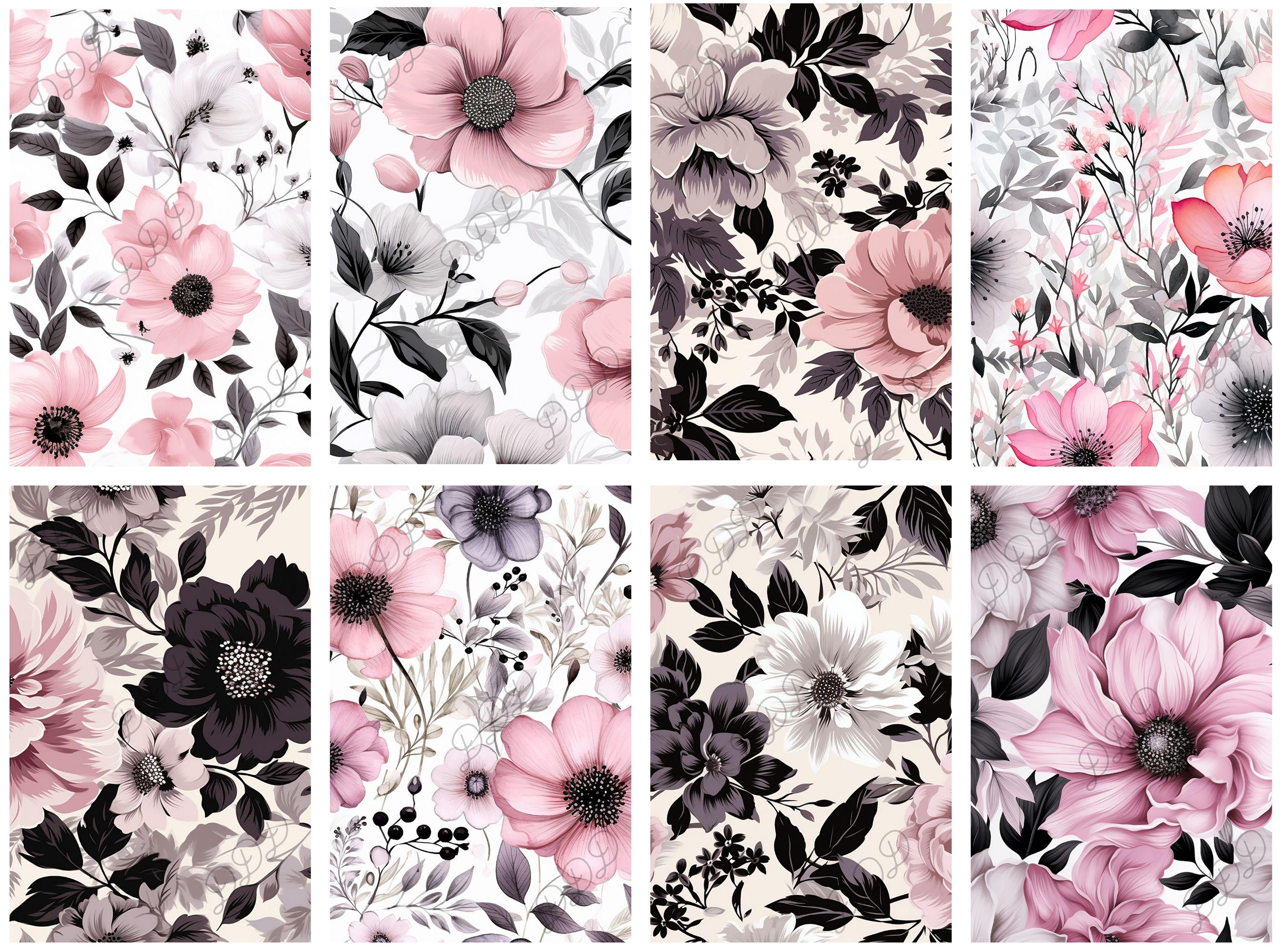 Pink & Black Watercolor Floral Digital Paper: Seamless Patterns ...