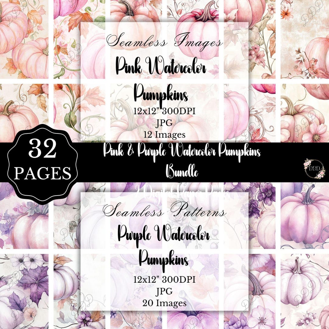 Pink & Purple Watercolor Pumpkin Digital Paper Bundle, Commercial Use ...