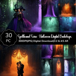 May include: A digital art compilation featuring 30 Halloween-themed backdrops. The image showcases a variety of scenes with dark, mystical aesthetics, including witches, draped curtains, and atmospheric lighting. The text reads "Spellbound Soiree - Halloween Digital Backdrops."