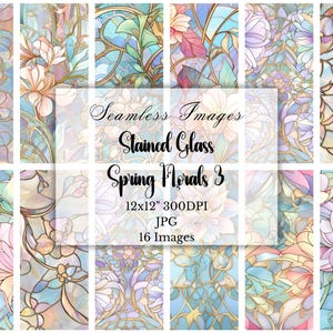 Pacote de papel digital de vitral pastel suave, imagens contínuas, florais de primavera, 16 12 x 12 polegadas 300DPI JPG, colagem, scrapbooking, diário