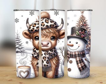 Christmas Highland Cow PNG, Snowman Tumbler Wrap, 20oz Skinny PNG, Leopard Print, Sublimation PNG, Commercial Use,