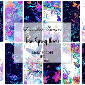 May include: A set of 16 seamless digital paper patterns featuring neon spring floral designs. The patterns are in a variety of colors, including pink, purple, blue, and green. The patterns are perfect for creating digital scrapbooking projects, backgrounds, and more.