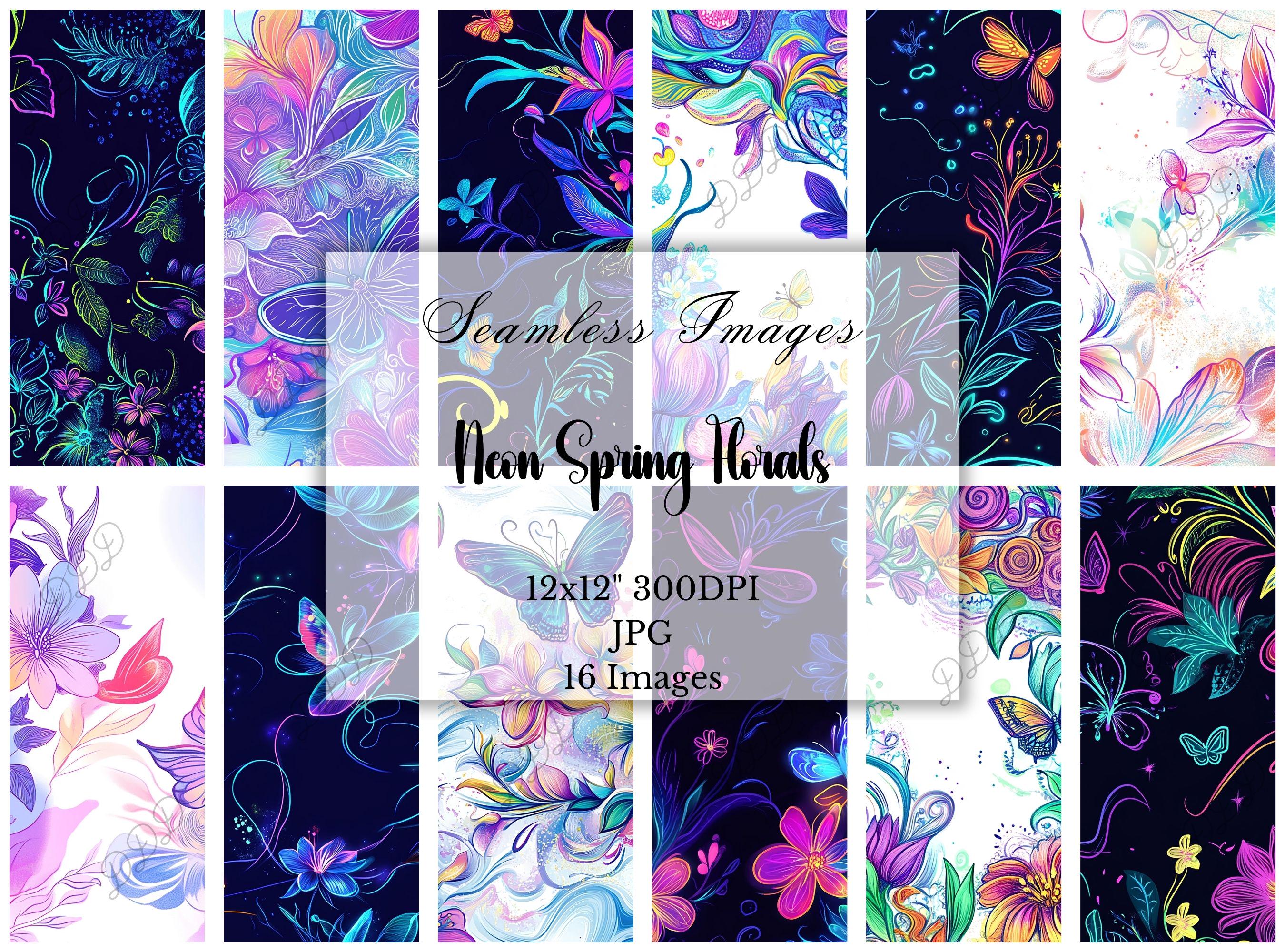 Neon Spring Florals Digital Paper Pack, 16 Seamless Images, 12x12 300DPI JPG Files, Scrapbooking, Collage, Journal Pages, Backgrounds