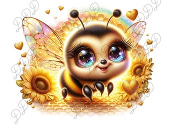 Kawaii Bumblebee PNG, Golden Glitter Bee PNG, Cute Sunflower Bee Sparkle Wings, Sublimation PNG, Transparent Background, Commercial Use