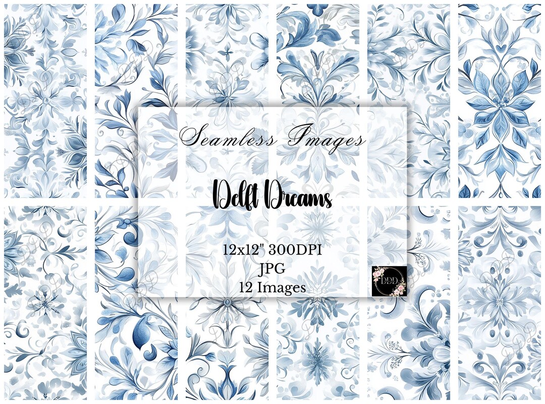 Blue & White Delft Floral Digital Paper: Seamless Patterns, Scrapbook ...