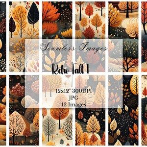 Retro Fall Trees Digital Paper, 12 JPG Seamless Patterns, Scrapbook, Backgrounds, Paper Crafts, Commercial Use, Digital Download