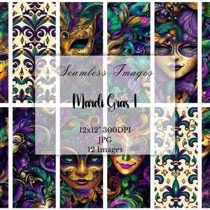 Mardi Gras Digital Paper Pack, nahtlose Muster, 12x12 JPG, 300 DPI, Scrapbooking, Karnevalsmasken, kommerzielle Nutzung, digitale Hintergründe