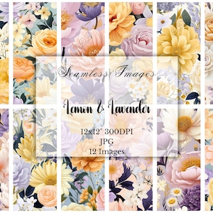 Könnte beinhalten: Eine Sammlung von 12 nahtlosen Blumenbildern in Gelb-, Orange-, Lila- und Weißtönen. Die Bilder sind mit "Lemon & Lavender" beschriftet und messen 30,48 x 30,48 cm bei 300 DPI.