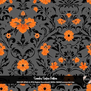 May include: A seamless surface pattern featuring vibrant orange flowers and black damask-style scrollwork on a dark gray background. The image includes text stating Seamless Surface Pattern, 300 DPI, PNG & JPG, Digital Download, 3600x3600, Commercial Use.