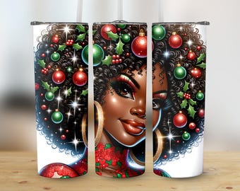 Black Woman Christmas Tumbler Wrap,  20oz Skinny Tumbler, Natural Hair,  Commercial Use, Sublimation PNG, Digital Download, Holiday