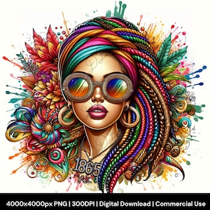 Bunte schwarze Frau PNG, schwarze Geschichte PNG, Juniteenth PNG, Sublimationsdesign, Boho Sonnenbrillen, Boho schwarze Frau Kunst, 300 dpi,