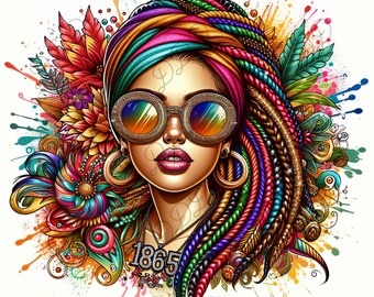 May include: A digital illustration of a woman with rainbow-colored hair and sunglasses. The woman has gold hoop earrings and a necklace with the number "1865". The background features colorful paint splatters and floral elements.