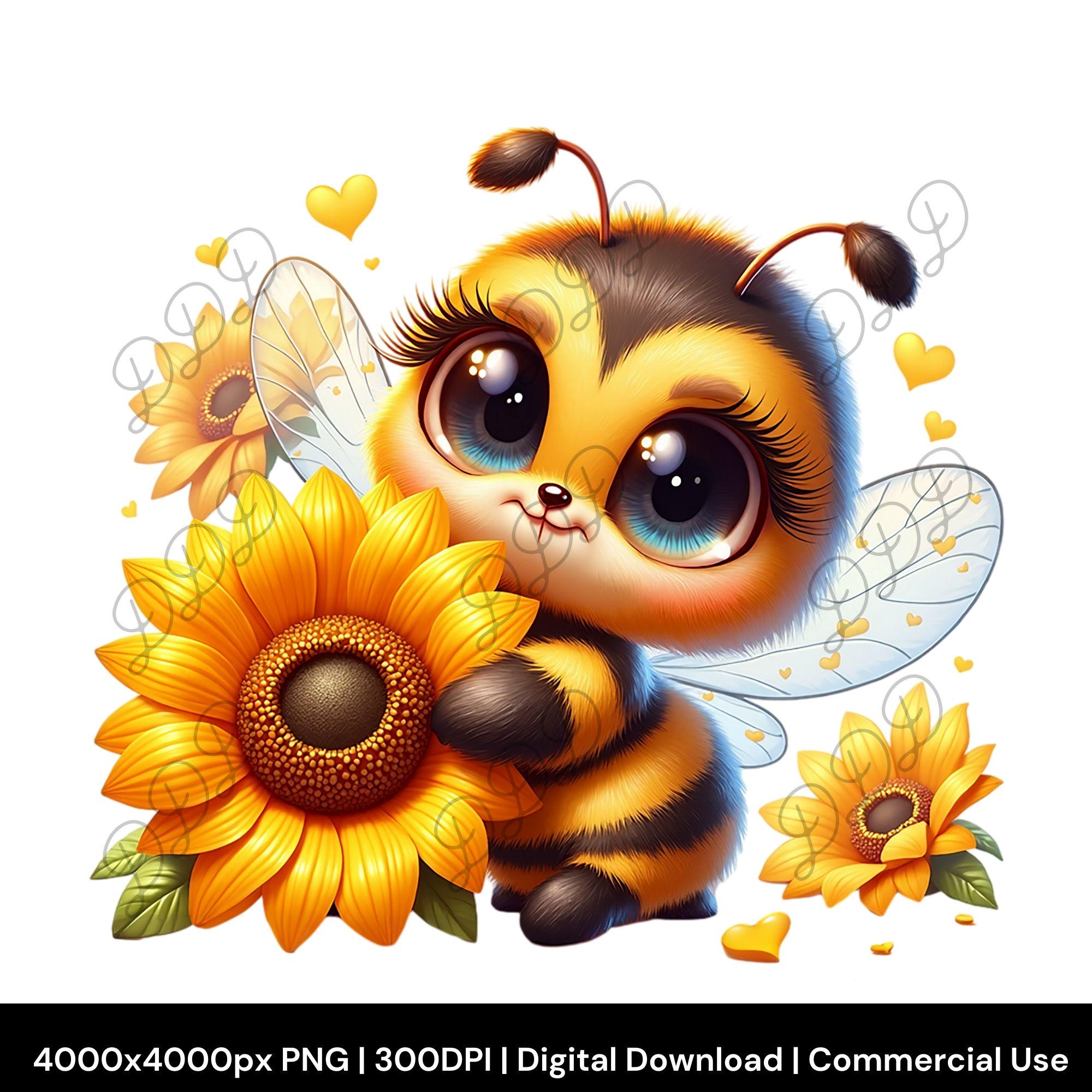 Cute Bumblebee and Sunflower Sublimation PNG, Adorable Baby Bee, High-Resolution 300DPI PNG, Instant Digital Download, Kawaii Bee, Chibi Bee