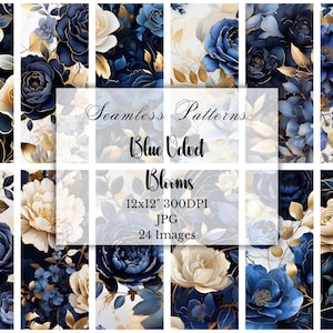 Puede incluir: Una colección de patrones sin costuras con flores de terciopelo azul. Los diseños muestran arreglos florales con rosas y follaje azul marino, dorado y crema. La imagen incluye el texto "Seamless Patterns Blue Velvet Blooms 12x12" 300DPI JPG 24 Images."