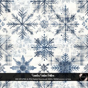 May include: A seamless surface pattern featuring a repeating design of blue snowflakes on a white and off-white background. The snowflakes vary in size and style, with a distressed, textured appearance. The pattern includes the text "Seamless Surface Pattern".
