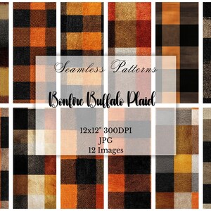 May include: A collection of 12 seamless Bonfire Buffalo Plaid patterns. The patterns feature a variety of colors including orange, black, brown, and beige. Each pattern is 12x12 inches at 300 DPI. The image includes the text "Seamless Patterns Bonfire Buffalo Plaid".