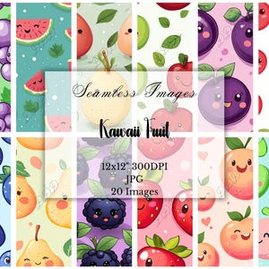 Kawaii Fruit Digital Paper Pack, 20 Seamless JPGs, Commercial Use, Collage, Scrapbook, Journal, Digital Backgrounds, Digital Download