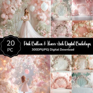 Blush rosa Party Digitalfoto Kulissen: Ballon & Blumenbogen Hintergründe, kommerzielle Nutzung, Photoshop Overlay, digitaler Download