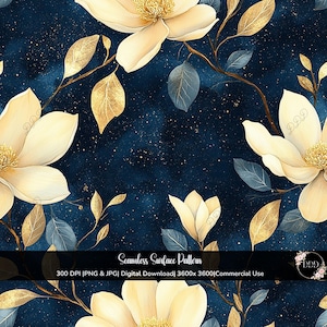 Op de afbeelding: Naadloos oppervlaktepatroon met grote crèmekleurige magnoliabloemen, gouden accenten en bladeren tegen een donkerblauwe achtergrond. Het ontwerp bevat de tekst "Seamless Surface Pattern" en andere details.