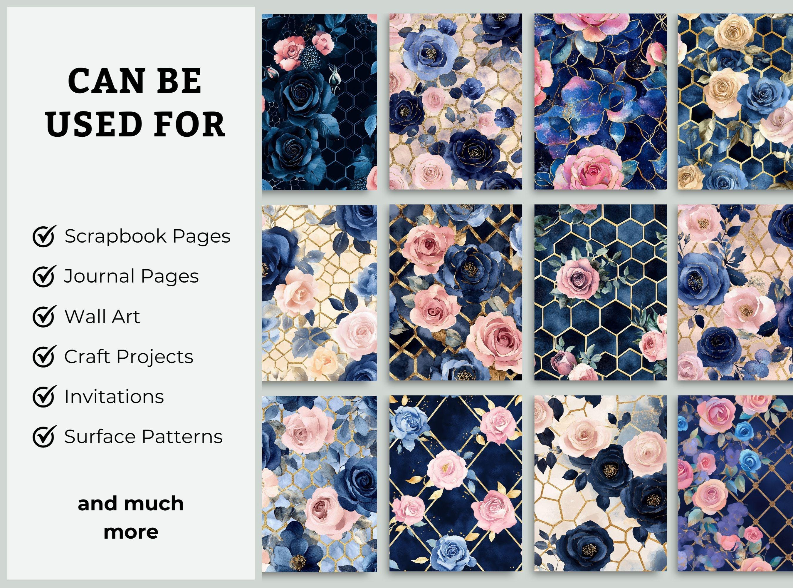 Navy Blue & Pink Floral Digital Paper Bundle, 24 JPG Seamless Patterns ...