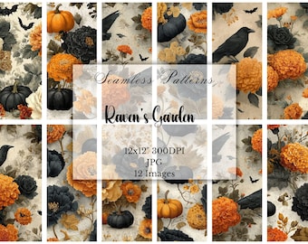 Carta digitale floreale gotica nera e arancione: sfondi floreali di Halloween, motivi di carta per scrapbooking senza soluzione di continuità, download digitale