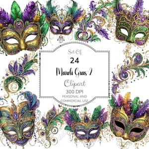 Mardi Gras clipart, maskerade maskers en veren, digitale download, 24 png-bestanden, Fat Tuesday PNG, New Orleans-illustraties, commercieel gebruik